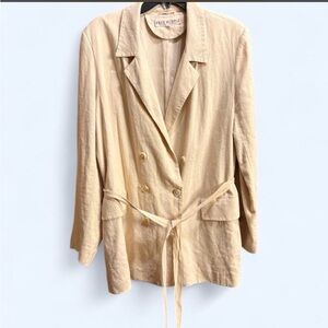 Free People Beige Double-Breasted Linen-Blend Blazer with Tie SZ Large